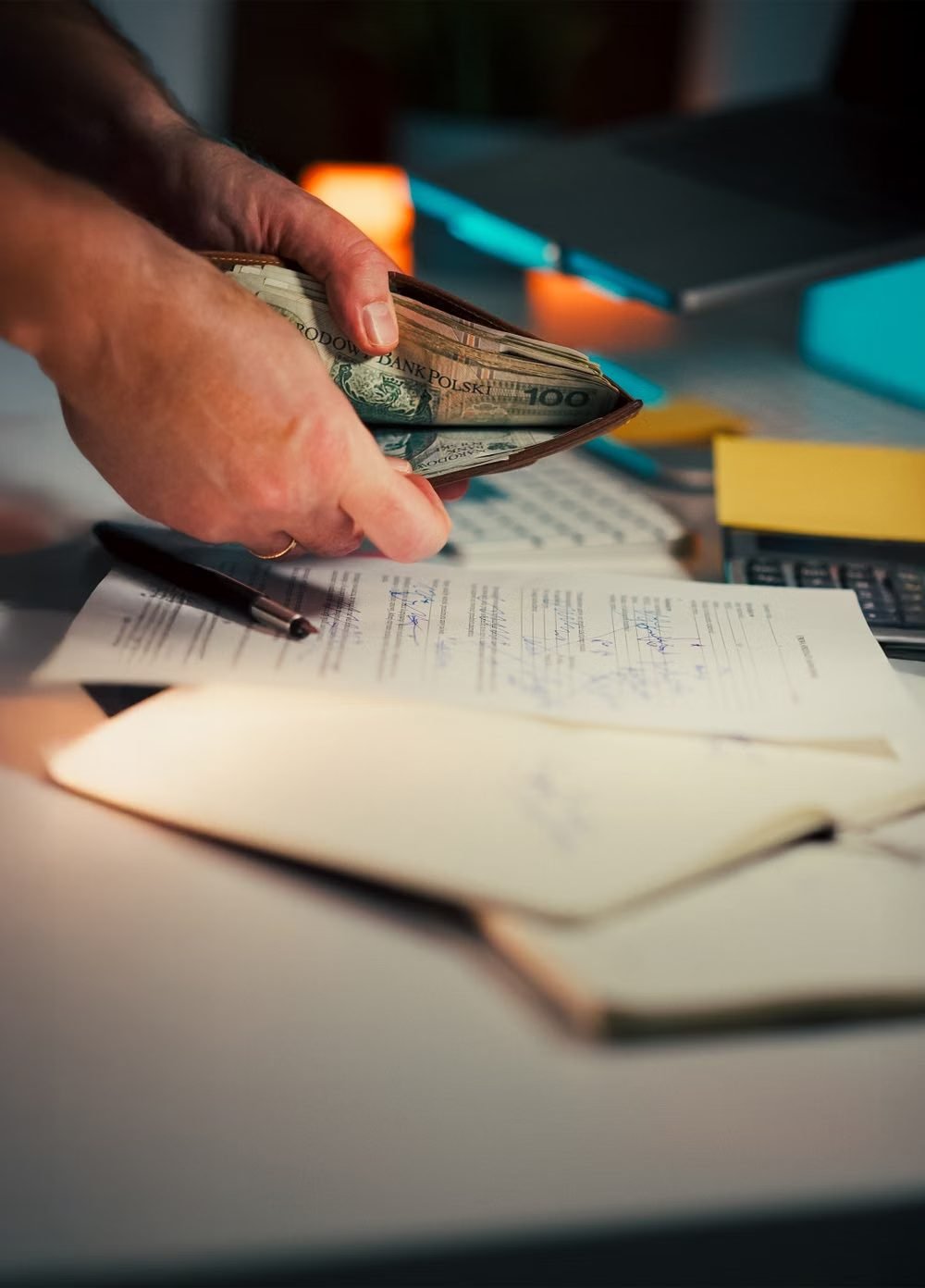 Dinheiro e documentos financeiros sobre a mesa